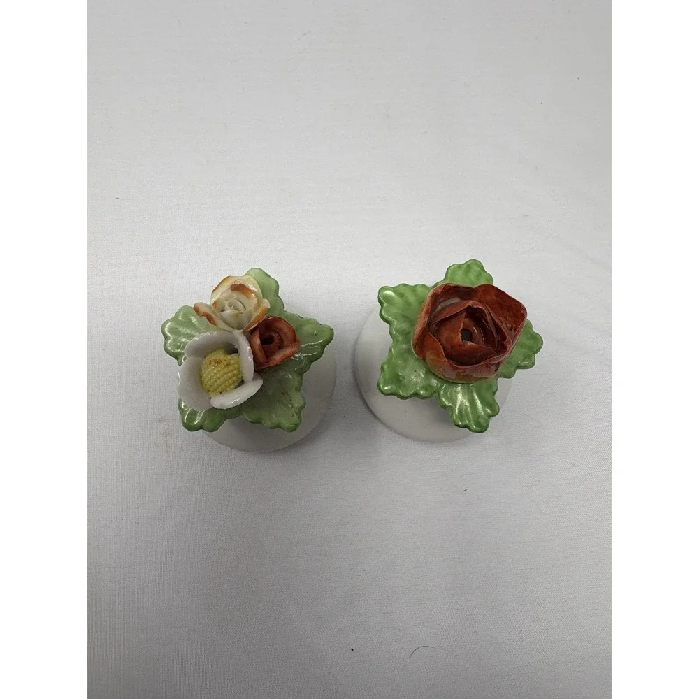 Vintage Dainty Floral Bone China Salt & Pepper Shakers Japan Red White Yellow